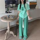 Short-sleeve Bear Print T-shirt / Drawstring Wide Leg Pants