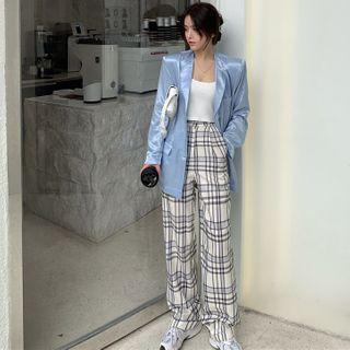 Silky Blazer / Plaid Wide Leg Pants