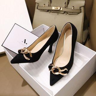 Block Heel Pointed Chain-accent Pumps
