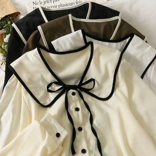 Contrast-trim Tie-neckline Loose Shirt