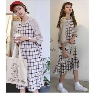 Check Elbow-sleeve Hooded Midi Dress As Shown In Figure - One Size