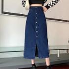 Button-up Slit Denim Midi A-line Skirt