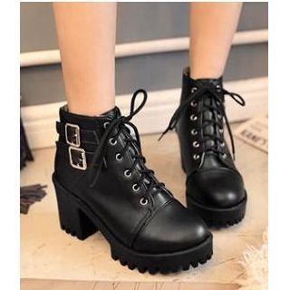 Faux Leather Double Buckles Block Heel Platform Booties