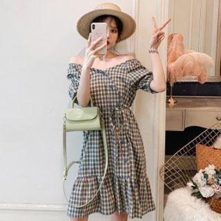 Short-sleeve Wrap Plaid A-line Dress