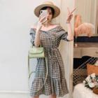 Short-sleeve Wrap Plaid A-line Dress