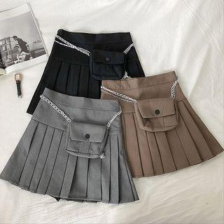 Plain High-waist Pleated Skirt With Pocket