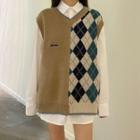 Long-sleeve Plain Shirt / Printed Knit Vest