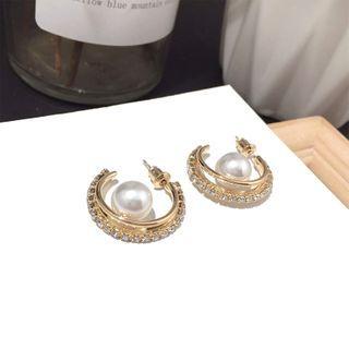Faux Pearl Rhinestone Open Hoop Earring Gold - One Size