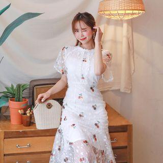 Mesh-overlay Cherry-sequined Long Dress