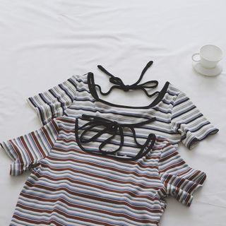 Square Collar Striped Lace Up Top