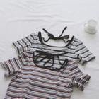 Square Collar Striped Lace Up Top
