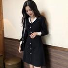 Color Block Collared Long-sleeve Knit Dress