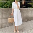 Elbow-sleeve Open-collar Midi A-line Shirtdress