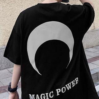 Moon Print Elbow-sleeve Oversize Tee