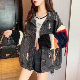 Striped Panel Distressed Button Denim Jacket Charcoal Black - One Size