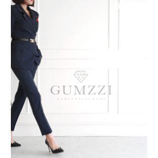 Set: Diagonal-button Pinstriped Blazer + Straight-cut Pants With Handkerchief