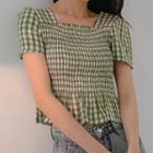 Short-sleeve Plaid Crop Top Gingham - Green - One Size