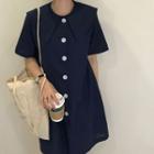 Plain Color Block Single-breasted Midi Dress Navy Blue - One Size