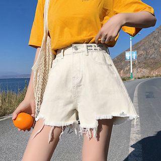 Lettering Frayed Hem Denim Shorts