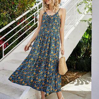 Floral Print Tie-front Strappy Midi A-line Dress