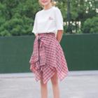 Set: Lettering Short-sleeve T-shirt + Plaid Asymmetric A-line Skirt