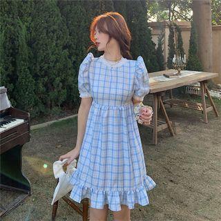 Puff-sleeve Plaid Frill Trim A-line Dress