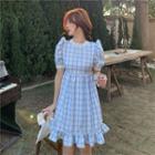 Puff-sleeve Plaid Frill Trim A-line Dress