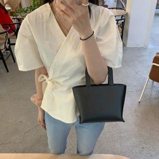 Puff-sleeve V-neck Top White - One Size