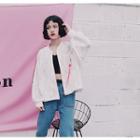 Ribbon Trim Lace Bomber Jacket