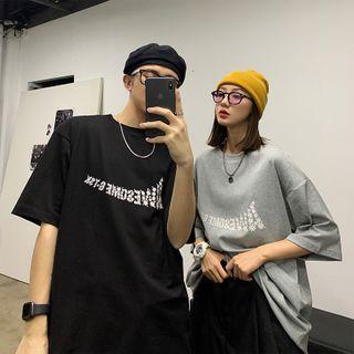 Couple Matching Letter Printed Floral Short-sleeve T-shirt