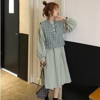 Lantern-sleeve Midi A-line Dress / Plaid Vest