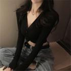 V-neck Plain Pleated Long-sleeve Top
