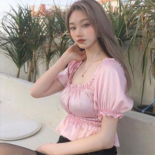 Balloon-sleeve Shirred Blouse As Shown In Figure - One Size