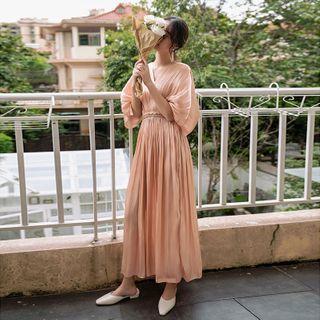 Puff-sleeve V-neck Midi A-line Crinkle Dress