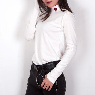 Long-sleeve Mock-neck Embroidered T-shirt