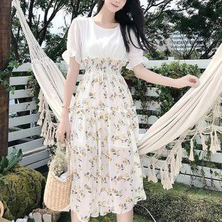 Mock Two-piece Short-sleeve Midi A-line Floral Dress
