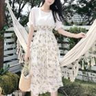 Mock Two-piece Short-sleeve Midi A-line Floral Dress
