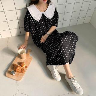 Wide-collar Polka Dot Long Dress Black - One Size