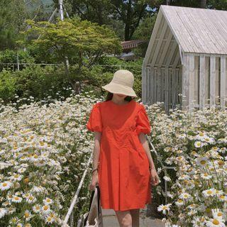 Puff-sleeve Seam-trim A-line Dress