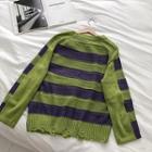Color-block Striped Distressed Crewneck Long-sleeve Sweater Green - One Size