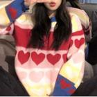 Heart Print Sweater Red & Pink & Blue & Yellow - One Size
