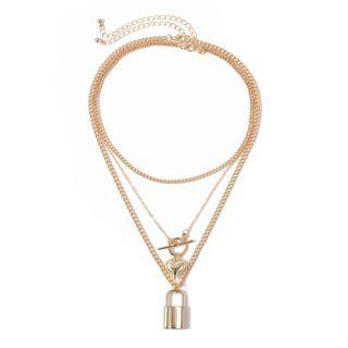 Lock & Heart Pendant Layered Necklace 0809 - Silver - One Size
