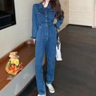 Long-sleeve Straight-leg Denim Jumpsuit