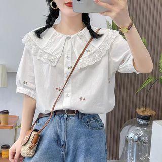 Flower Embroidered Lace Trim Blouse White - One Size