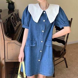 Short-sleeve Contrast Collar A-line Denim Dress