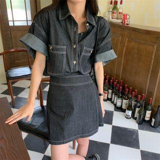 Short-sleeve Denim Shirt / Denim High-waist Skirt