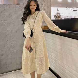 Long-sleeve Button Midi A-line Lace Dress