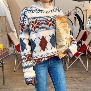 Mock-neck Pattern Knit Top Beige - One Size