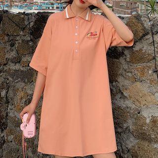 Printed Elbow-sleeve Collared T-shirt Dress