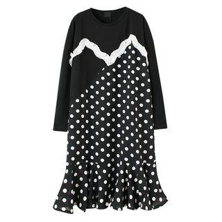 Dotted Panel Long-sleeve Chiffon Dress Black - One Size